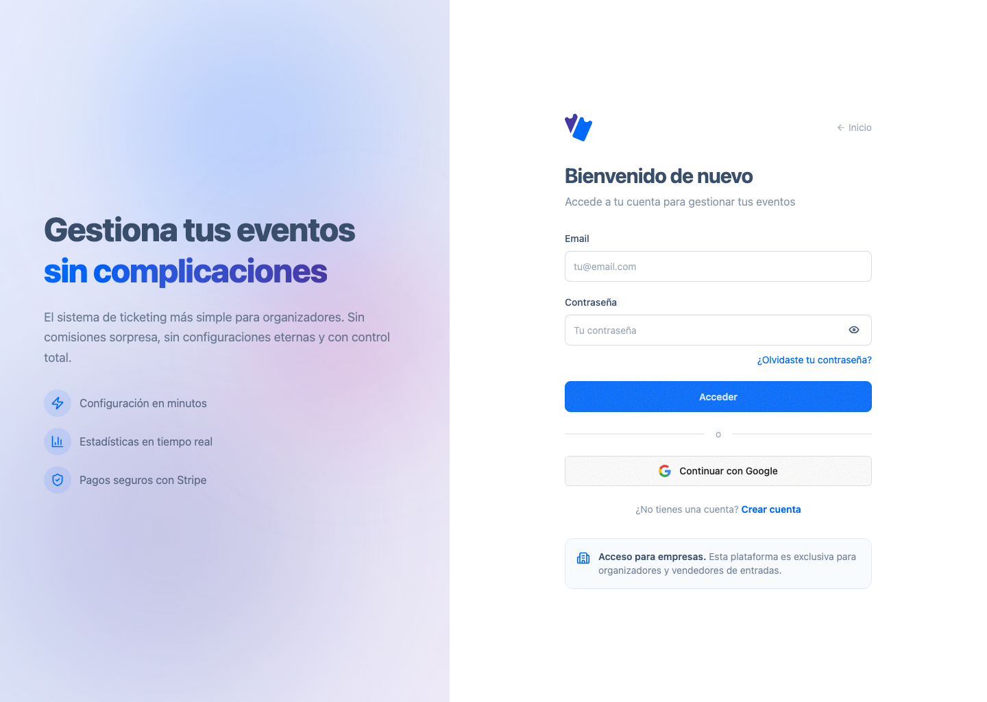 Pantalla de login con botón para continuar con Google