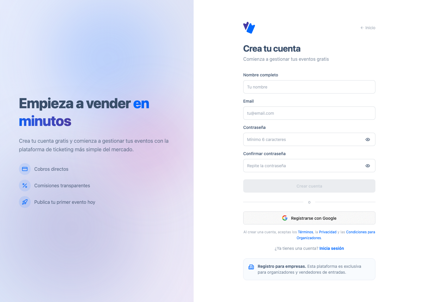 Pantalla de registro con botón para registrarse con Google
