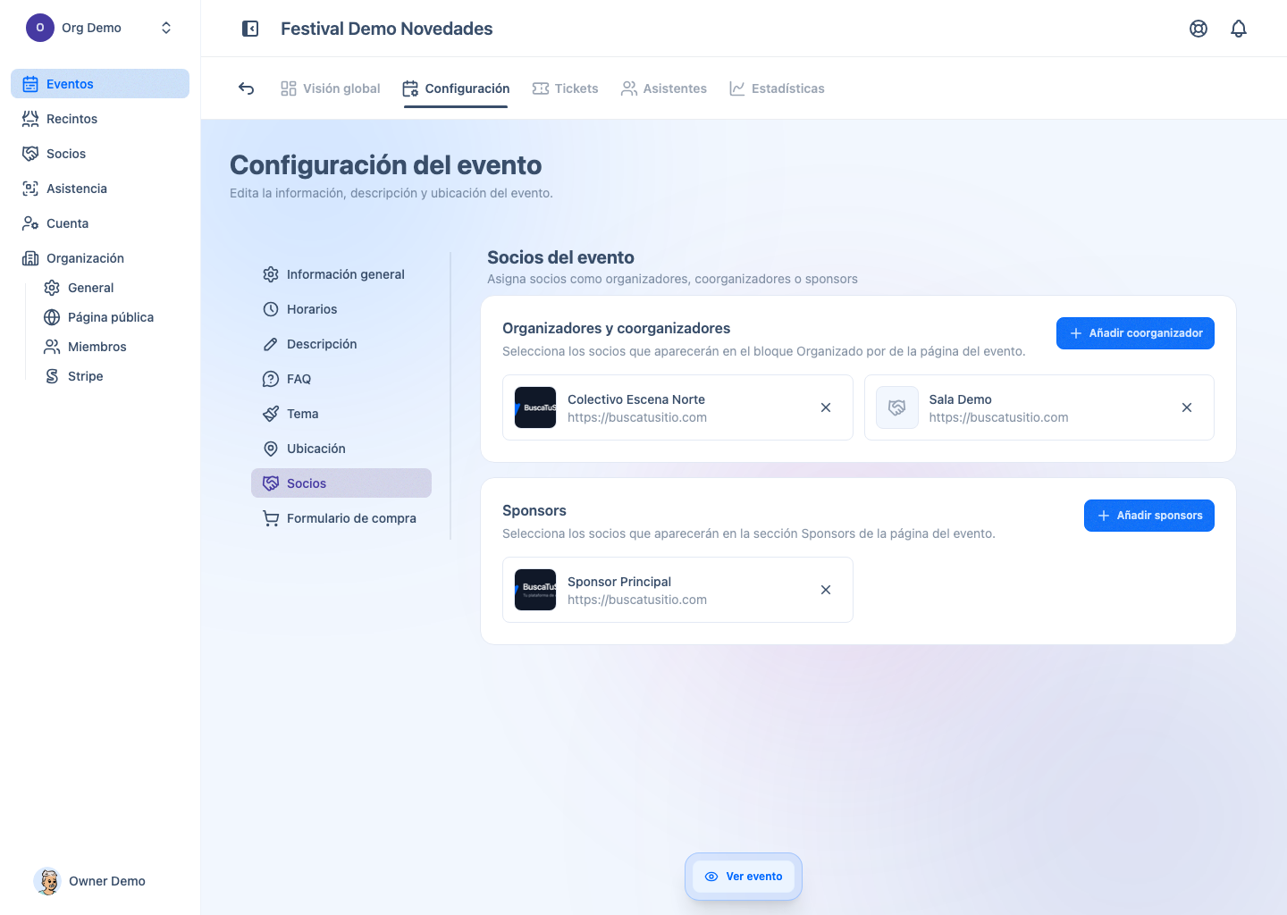Configuración de socios del evento con coorganizadores y sponsors