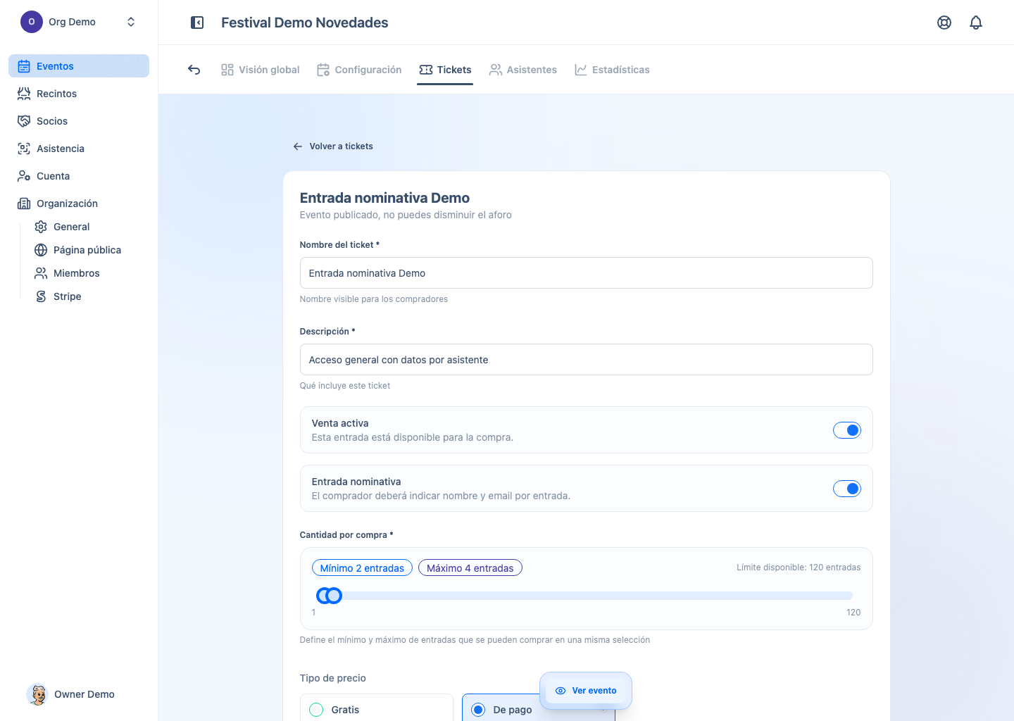 Editor de ticket con entrada nominativa, venta activa y límites por compra