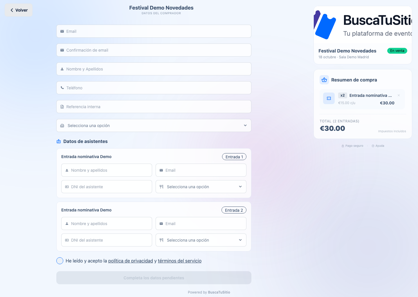 Checkout con datos del comprador y datos de asistentes por entrada nominativa